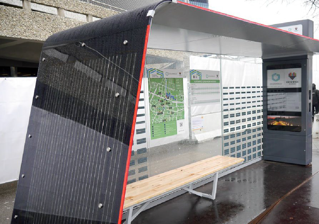 Smart bus shelter with PV modules.