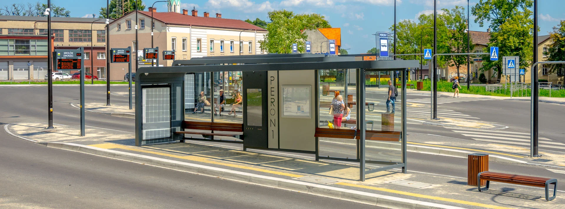 Smart bus shelter with photovoltaics.