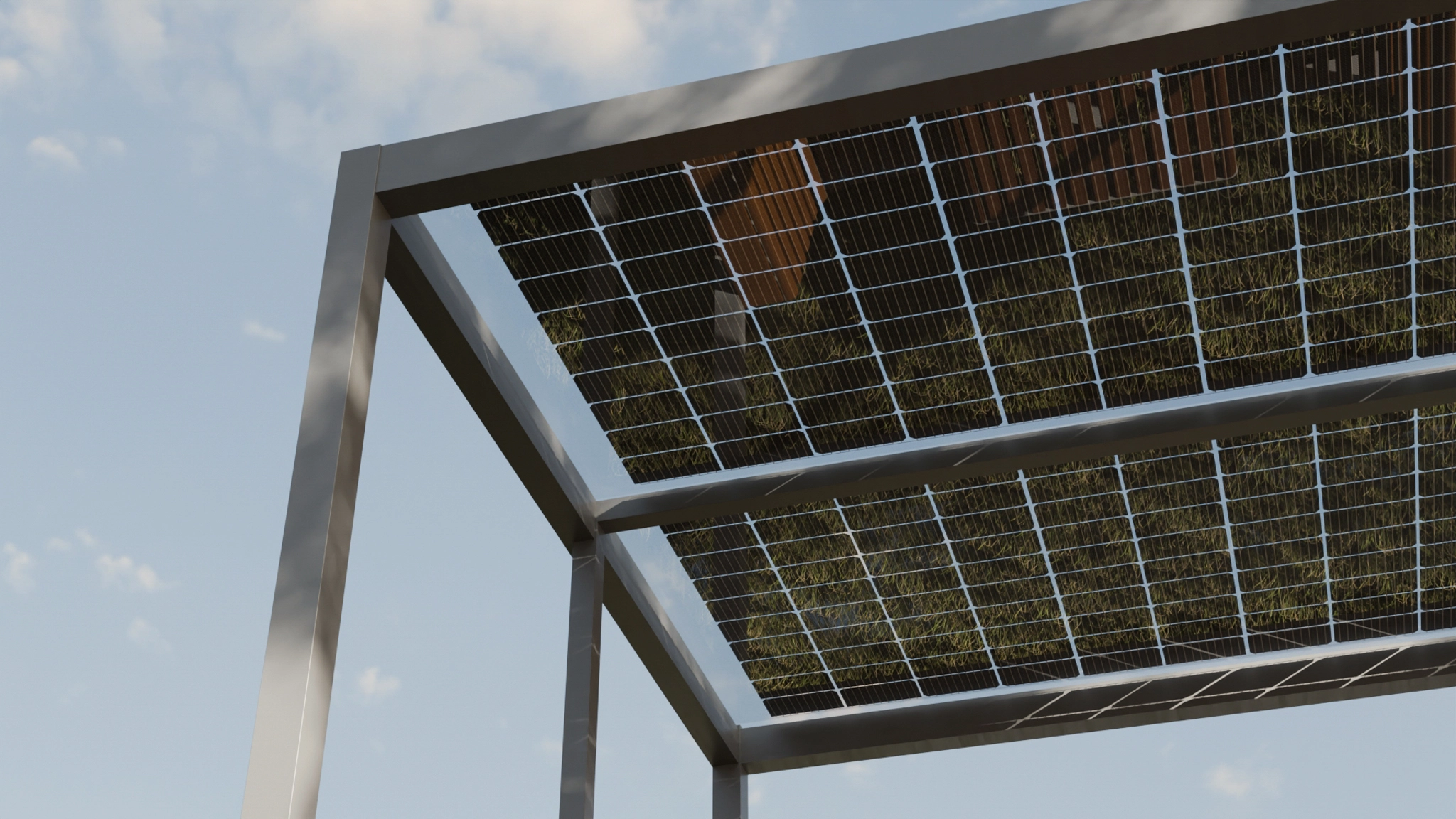 Photovoltaics equipped modern pergola.